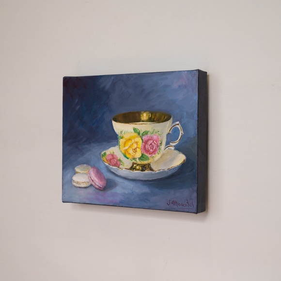 "Yellow cup  rose and three macaroons".Original oil painting on canvas  10" x 12 - Picture 4 of 5